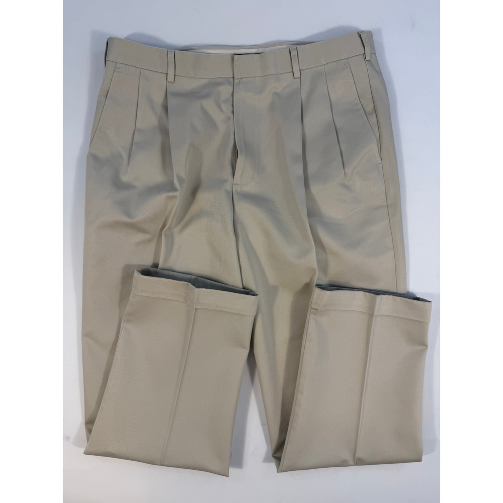 Dockers Premium Chinos Mens 38x32 Khaki Good Pleated Relaxed Never-Iron Cuffed